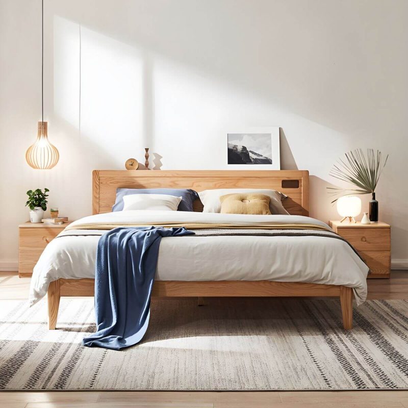 "Solid Wood Standard Panel Bed in Natural with Rectangular Headboard - Single Bed Unavailable"