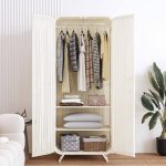 "Simplistic Chalk Alloy Wardrobe Closet with Interior Shelves and Hanging Rod, 3 Shelves, 31.5"L x 20"W x 75"H"