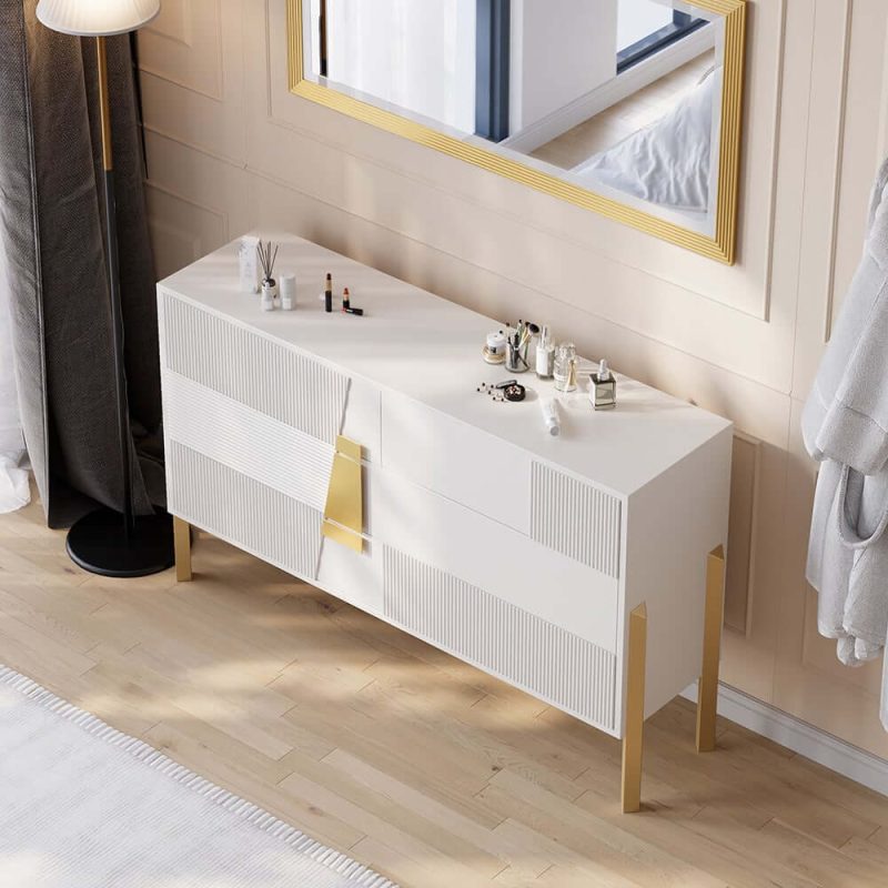 "55"W Modern White 6 Drawer Dresser Fluted Chest Storage Cabinet"