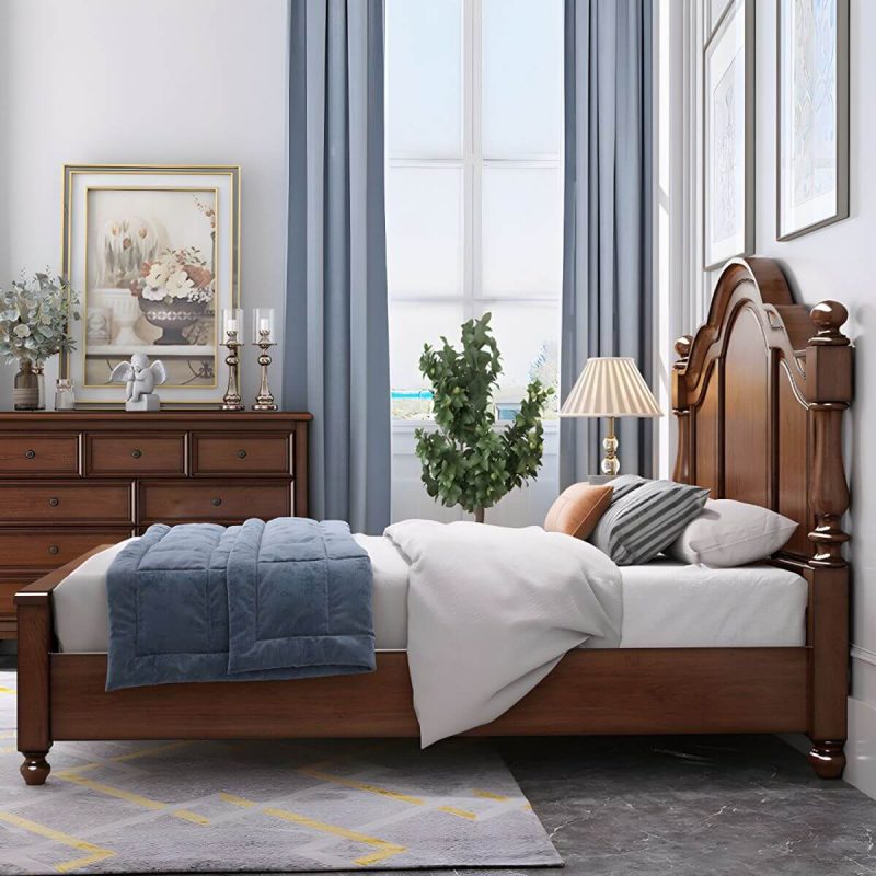 "Mid-Century Modern Standard Bed Solid Wood Panel Bed with Headboard - Bed & Mattress Panel 71"W x 79"L"