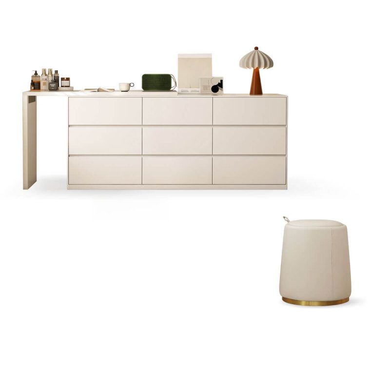 "Modish Large Vanity Set with Lumber Frame, 9 Drawers, Chalk Seating and Chair, Left, Makeup Vanity (47") & Dresser (59") & Stool"