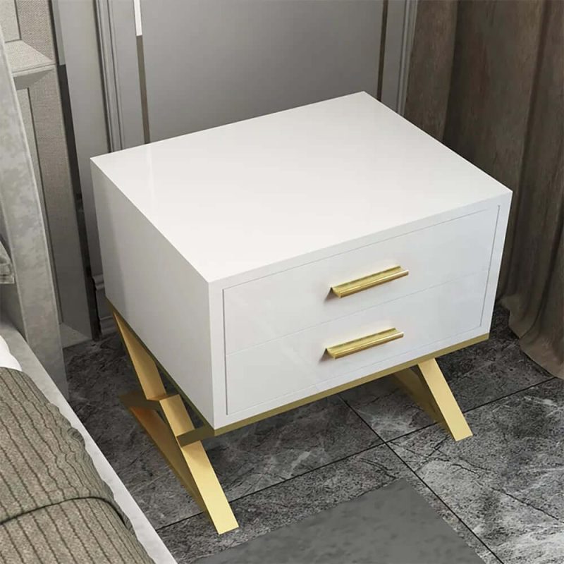 "Nordic White Nightstand 2-Drawer Bedside Table Gold Finish"