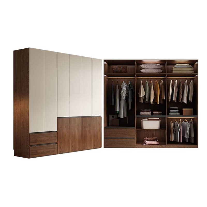 "Casual Multi-Color Wood Wardrobe Closet with Soft Close Drawer, Soft Close Door, Interior Shelves, and Hanging Rod, 91"L x 24"W x 94"H"