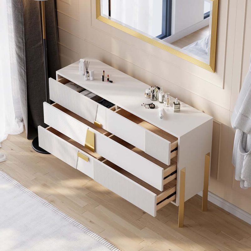 "55"W Modern White 6 Drawer Dresser Fluted Chest Storage Cabinet"