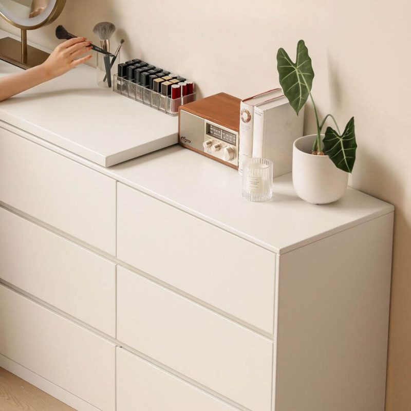 "Modish Large Vanity Set with Lumber Frame, 6 Drawers, Chalk Seating and Chair, Right, Makeup Vanity (47") & Dresser (47") & Stool"
