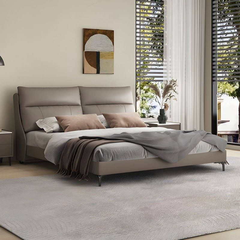 "Leather Standard Bed Contemporary Wood Frame Bed with Upholstered Headboard - 71"W x 79"L Bed & Mattress Off-White"