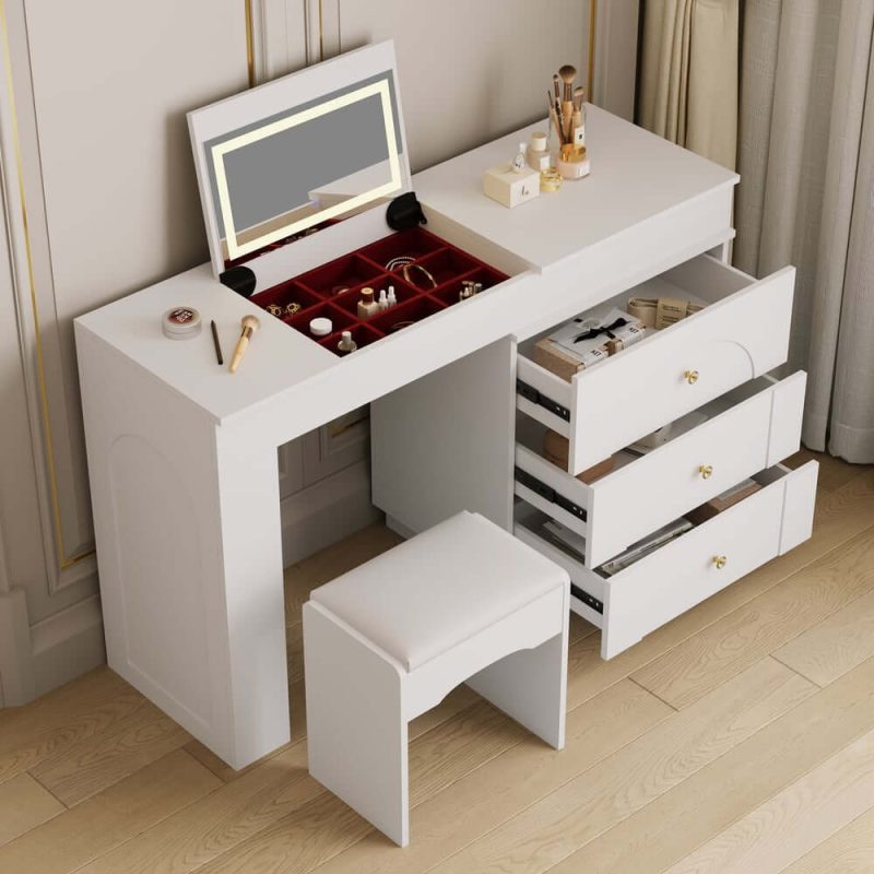 "49.2" White L-shape Makeup Vanity Set with Mirror & Stool"
