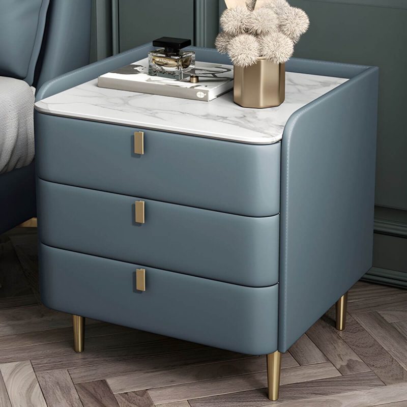"Wooden Nightstand with 3 Drawers Contemporary 25" Tall Nightstand - Blue Gold"