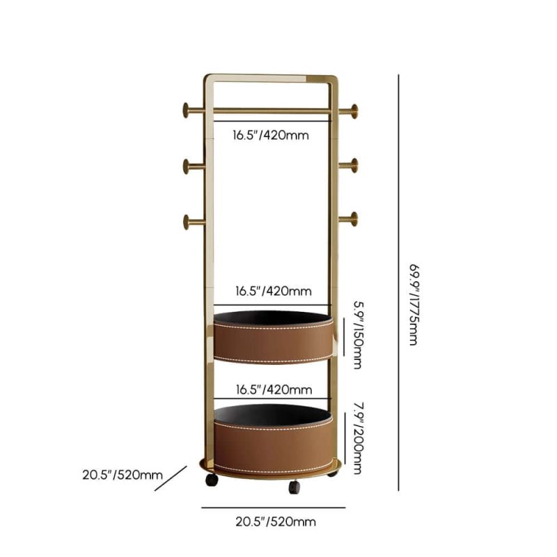 "Dimension of Coat Rack Stand with 2 Trays Saddle Leather Hall Tree"