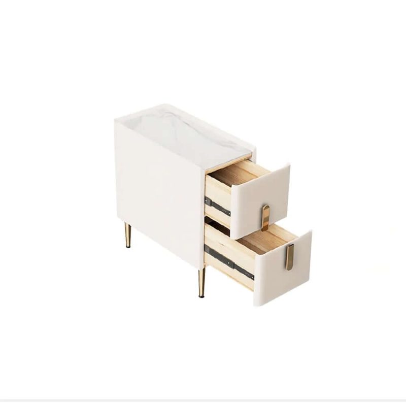 "Inarrow Modern Beige Nightstand Bedside Table with 2 Drawers in Gold Legs Set of 2"