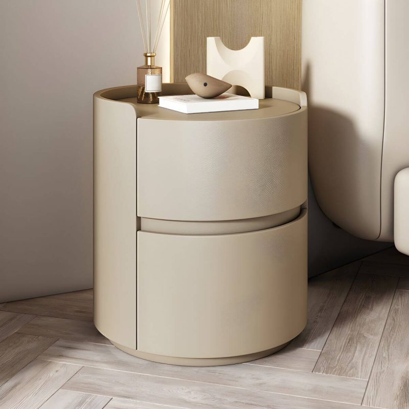 "Modern Faux Leather Round Nightstand with 2 Drawers, Light Wood Tone - Khaki 1 Piece 18"L x 18"W x 20"H"