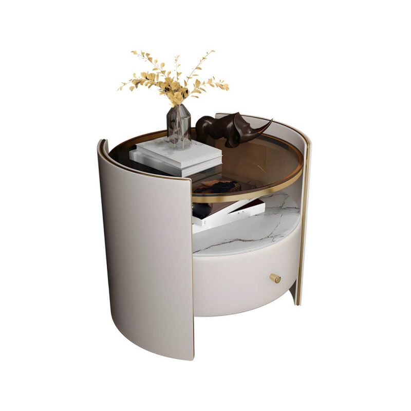 "1-Drawer Glass Top Nightstand, 19.69" Tall 1-Shelf Leather Night Stand - White Off-White"