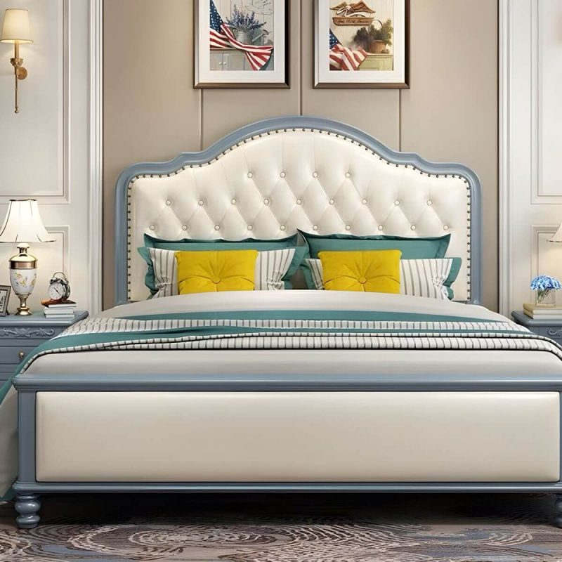 "Light Wood Oak Panel Headboard with Upholstered Leather and Nailhead Trim - Modern Style - 59" Beige/ Gray"