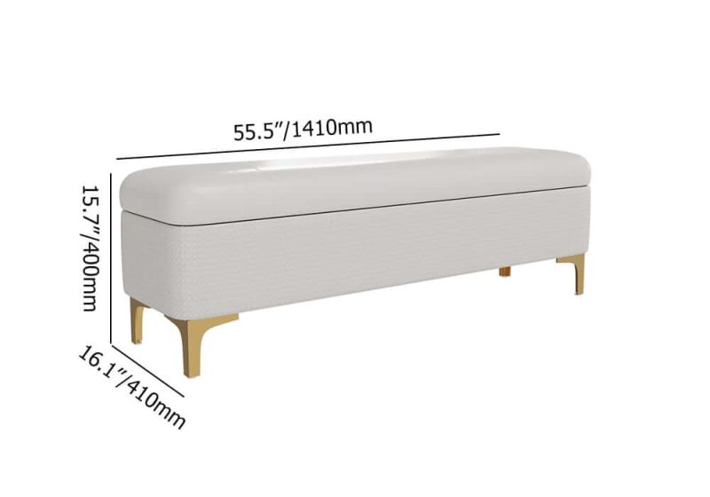 "Dimension of Modern White PU Leather Bedroom Flip Top Storage Bench with Gold Stainless Steel Legs"