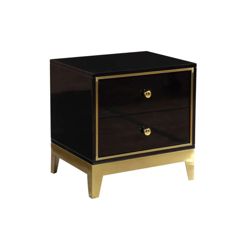 "Modern Black MDF Nightstand with 2 Drawers and Stainless Steel Leg"