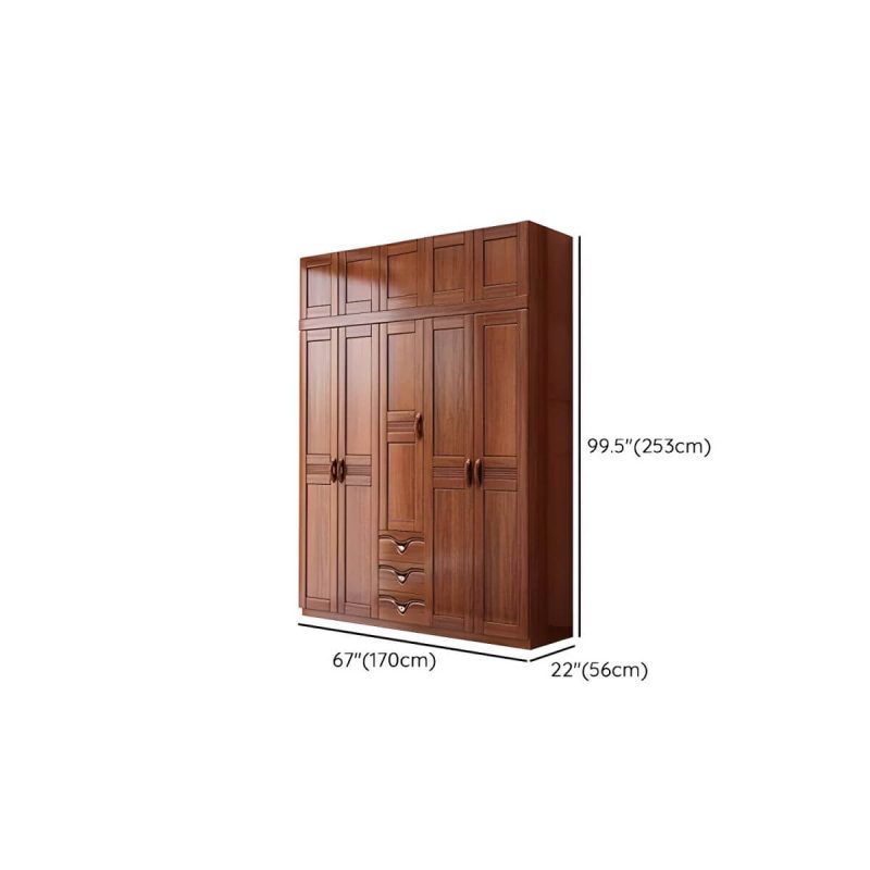 "Dimension of Wood Brown Rustic Wardrobe Armoire with Drawers & Shelves, Walnut Finish - 67"L x 22"W x 100"H"