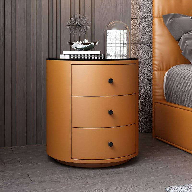 "Contemporary Faux Leather Nightstand 2/3 - Drawer Nightstand - 3 Orange Glass"