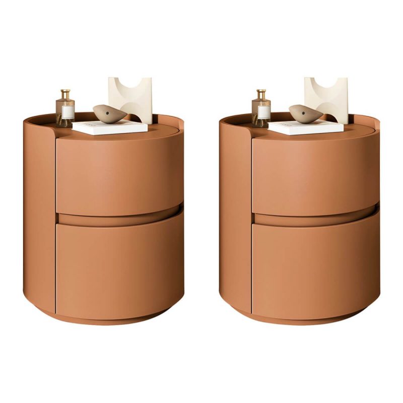 "Modern Faux Leather Round Nightstand with 2 Drawers, Light Wood Tone - Orange 2 Piece Set 18"L x 18"W x 20"H"
