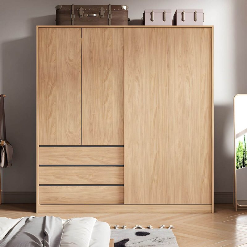 "Contemporary Wood Wardrobe Armoire Freestanding Adjustable Shelves Wardrobe with Drawers - Armoire & Side Cabinet & Top Cabinet 79"L x 24"W x 83"H"