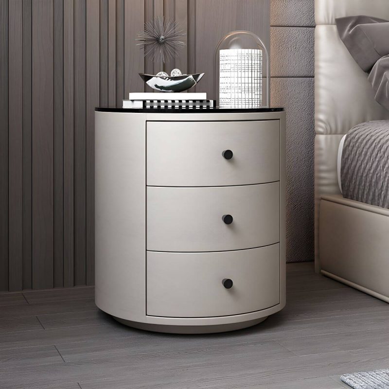 "Contemporary Faux Leather Nightstand 2/3 - Drawer Nightstand - 3 Off-White Glass"