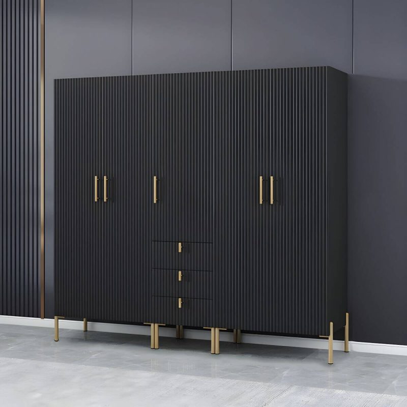 "Modern 3-Cabinet Feature Wood Wardrobe Armoire with Hinged Door Mechanism - Black"