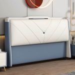 "Modern Upholstered Pine Headboard with Stepped Design and Wood Legs - Tech Cloth 47" Dark Blue"