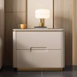 "Sintered Stone Countertop 2 Tiers Organic Modern Drawer Storage Nightstand, Light Gray, 18"L x 16"W x 20"H"