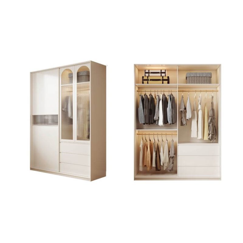 "Casual White Wood Wardrobe Closet with 3 Drawers, Interior Shelves, and Hanging Rod, 47"L x 24"W x 94"H"