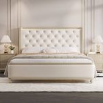 "Modern Timber Platform Bed with Stitch-tufted & Sponge Panel for Living Room - 59"W x 79"L"