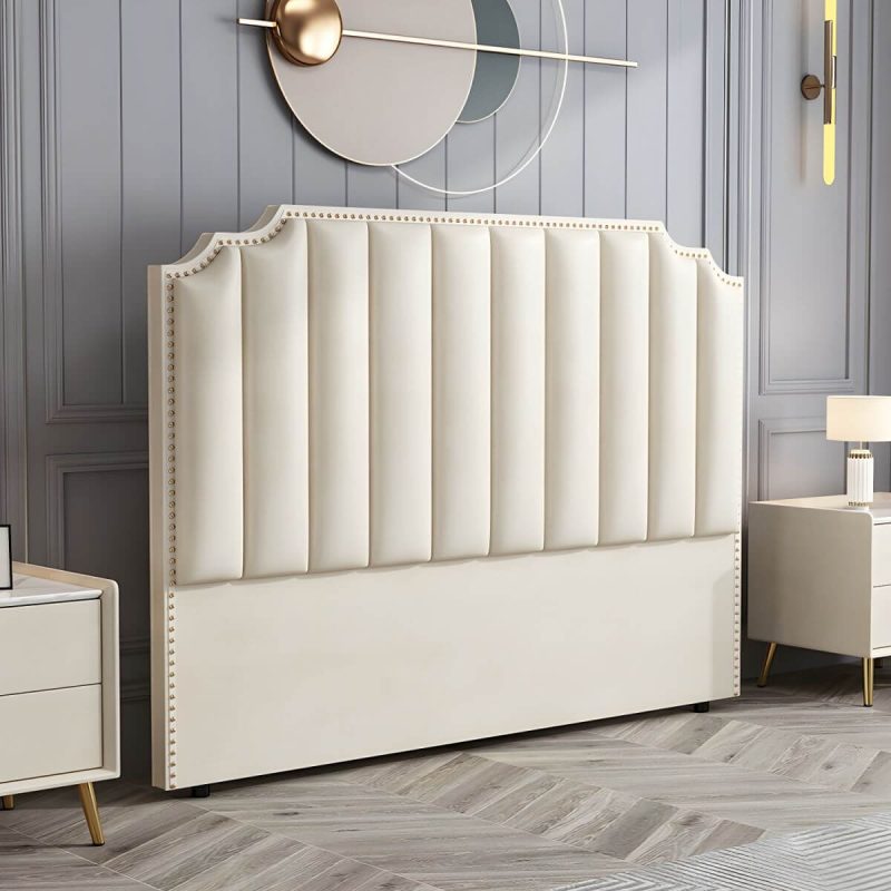 "Wooden Wingback Headboard with Legs Upholstered Sponge Standard Height in Portman Shape - Off-White 150 cm"