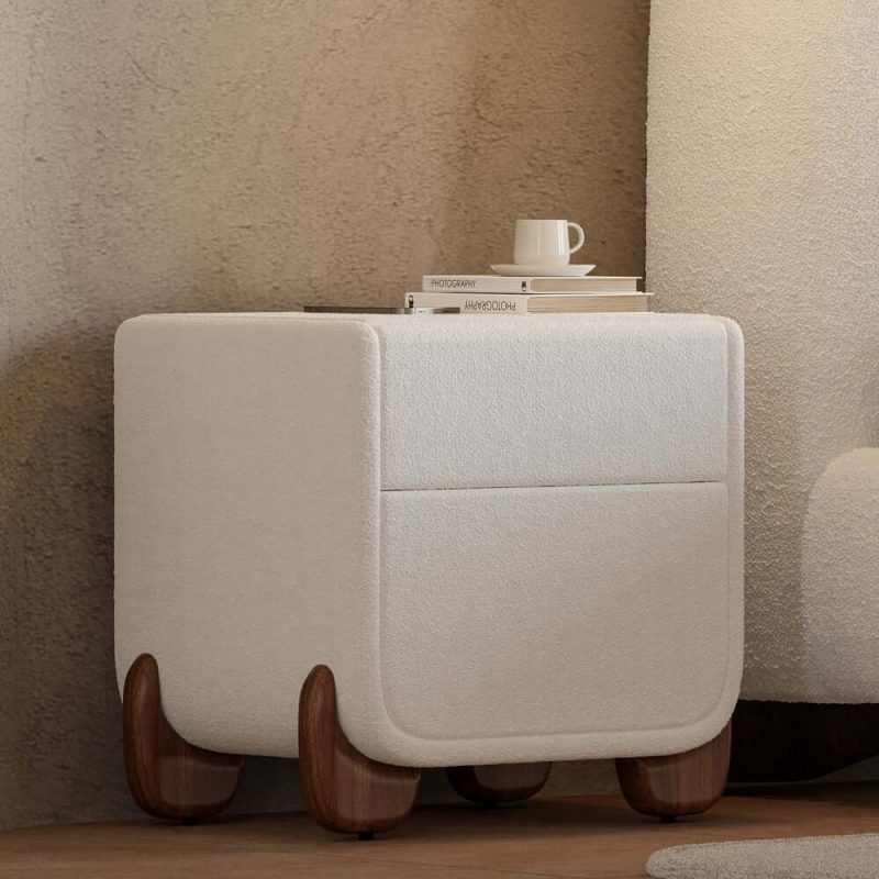 "Curva 2-Drawer Smart Boucle Nightstand with Walnut Wood Legs"