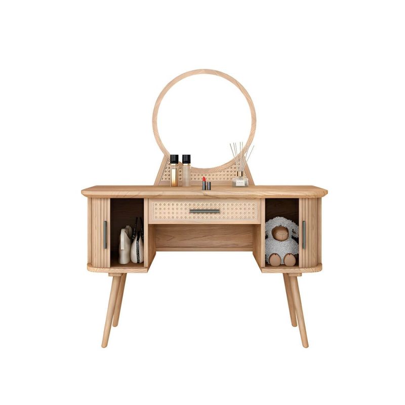 "Ash Wood Rectangle Dressing Table with Rattan Chairs and Drawers - Natural Finish"
