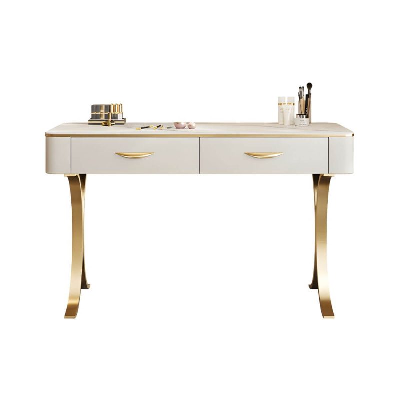 "White Slate Tabletop Rectangular Dressing Table with Golden Metal Legs - Makeup Vanity 90 x 45 x 75 cm"