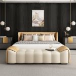 "Genuine Leather Scandinavian Long Upholstered Bedroom Bench without Storage, Arms Included - 71"L x 20"W x 20"H Off-White-Orange"