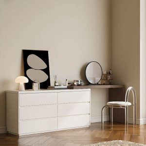 "Wood Vanity Set Featuring 2-in-1 Design, Scalable Function, and Push-Pull Mechanism, Makeup Vanity (51") & Dresser (55") & Mirror"