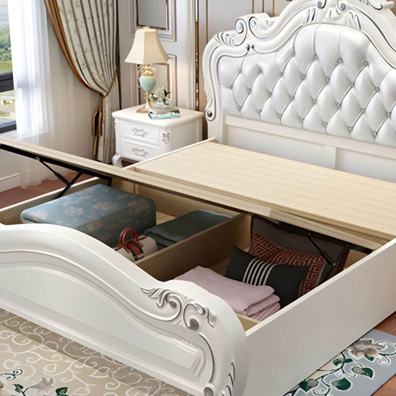 "Victorian Arched Standard Bed White Solid Wood Bed Frame with Headboard - Queen Bed & Mattress Panel Latex"