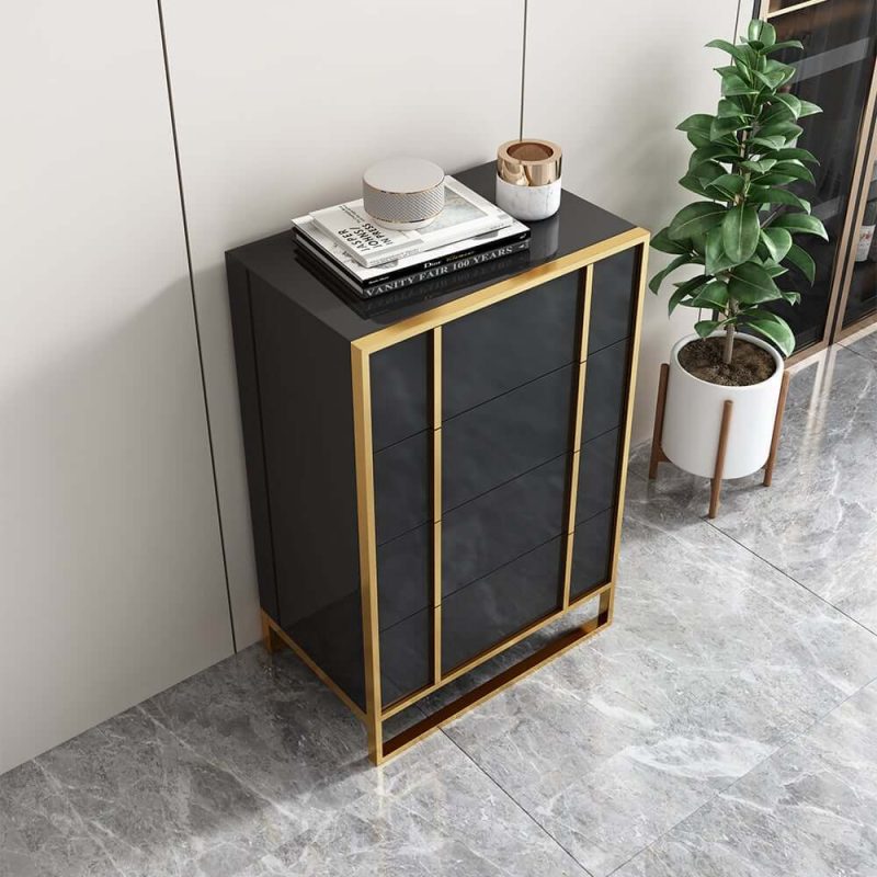 "Rimh Modern Black & Gold Wooden Chest of 4 Drawers with Stainless Steel Legs"