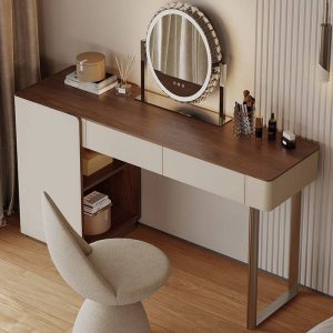 "Desk-Integrated Modish Vanity Set with Ivory Seating, Standard Size, Timber Table Top, and Chair, 43"L x 18"W x 29.5"H, Makeup Vanity & Stool"