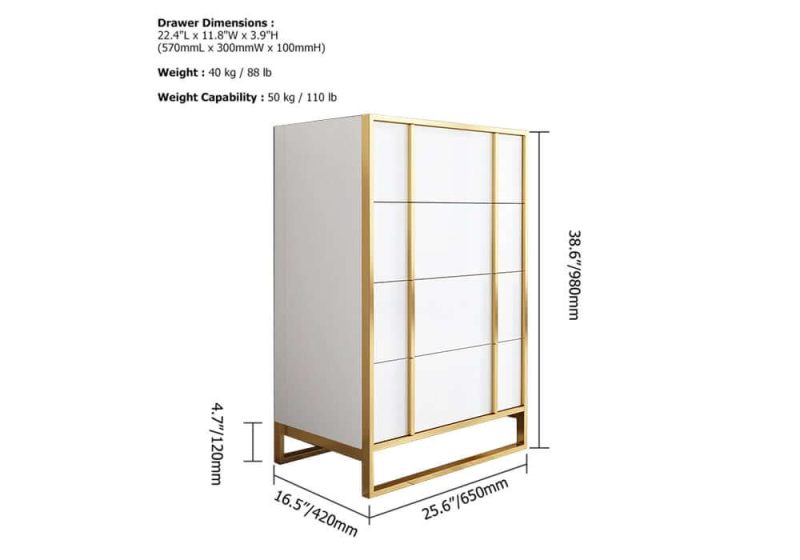 "Dimension of Rimh Modern White & Gold Wooden Chest of 4 Drawers with Stainless Steel Legs"
