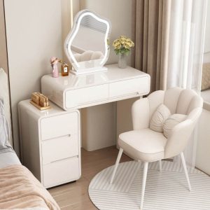 "Art Deco Vanity Set with White Seating, 5 Drawers, Reclaimed Wood Top, Seat, and Lighted Mirror in Standard Length, Makeup Vanity & Stool & Mirror"