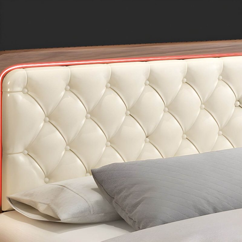"Mid-Century Modern Upholstered Panel Bed in Genuine Leather with Tufted Headboard - White 59"W x 79"L"