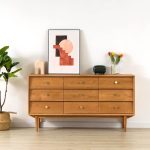 "Modern Brown Wood Horizontal Double Dresser with 9 Drawers Master Bedroom, 63"L x 16"W x 33"H"