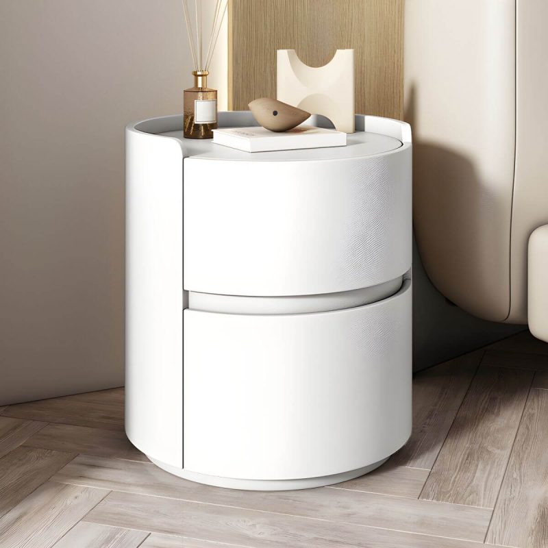 "Modern Faux Leather Round Nightstand with 2 Drawers, Light Wood Tone - White 1 Piece 16"L x 16"W x 20"H"