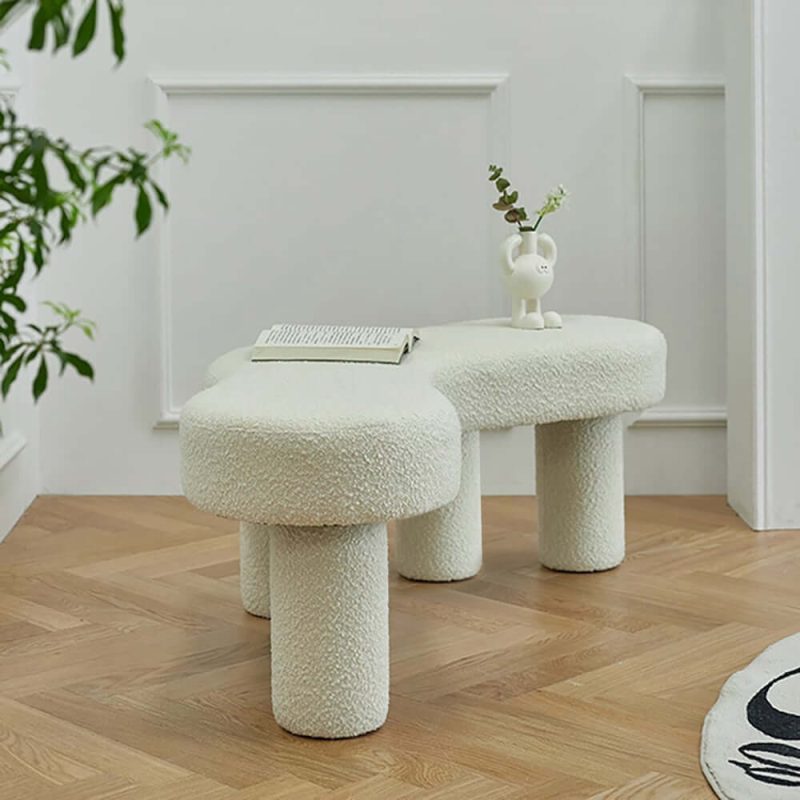 "Modern White Bedroom Bench Boucle Tufted Long Bench with 4 Legs"