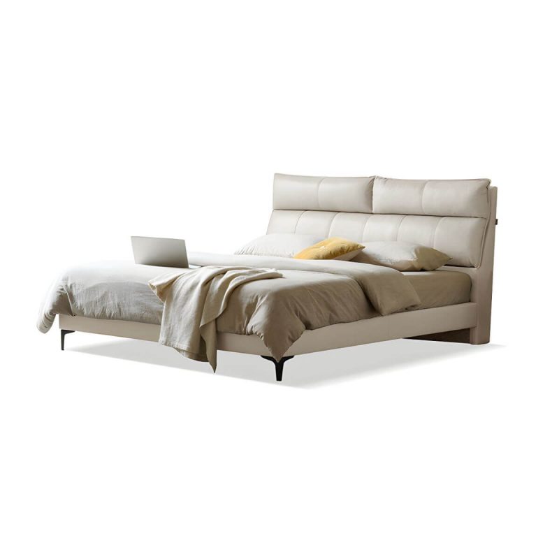 "Leather Standard Bed Contemporary Wood Frame Bed with Upholstered Headboard - 71"W x 79"L Bed & Mattress Cream"