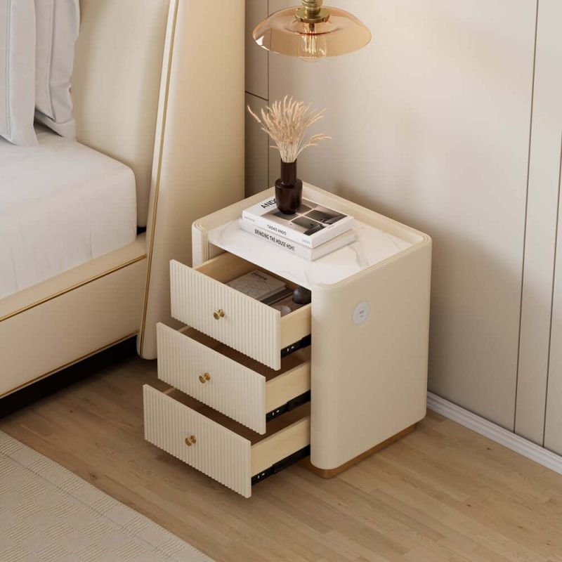 "Modern 3-Drawer Nightstand with Sintered Stone Top & USB Port"