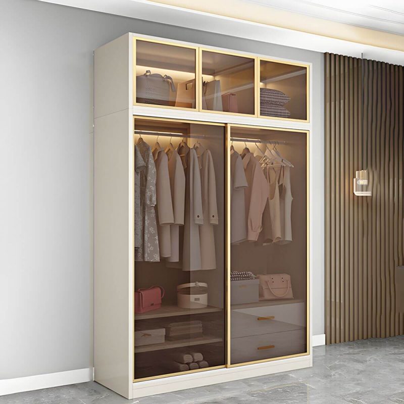 "Modern White Wood Frame Wardrobe Freestanding Wardrobe with Sliding Glass Doors - Armoire with Top Cabinet 47"L x 22"W x 79"H"
