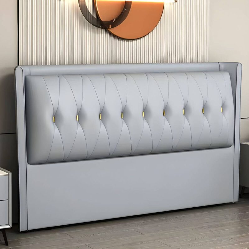 "Contemporary Headboard Bed with Tufted Leather Upholstery in Rectangular - Light Gray 79""
