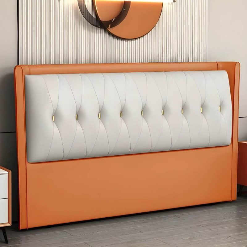 "Contemporary Headboard Bed with Tufted Leather Upholstery in Rectangular - Orange/ White 59""