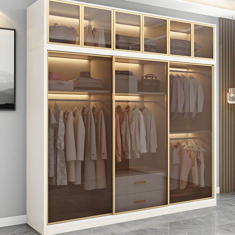 "Modern White Wood Frame Wardrobe Freestanding Wardrobe with Sliding Glass Doors - Armoire with Top Cabinet 55"L x 22"W x 79"H"